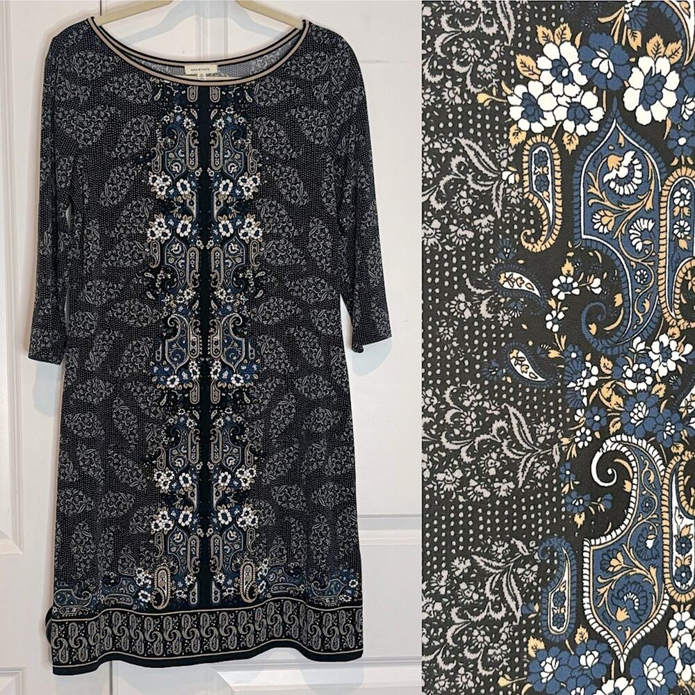 Max Studio Black Blue Tan Floral Paisley Wide Neck Long Sleeve Jersey Dress M